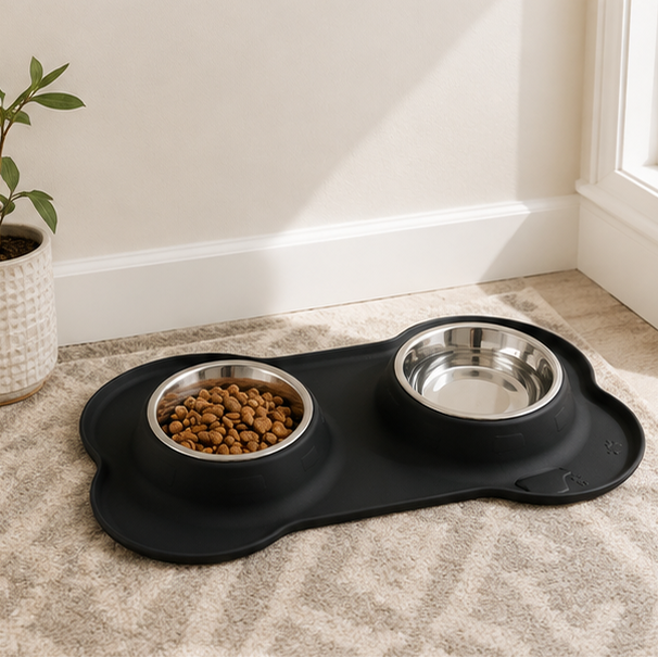 Non-Slip Double Pet Bowl Mat with Stainless Steel Bowls