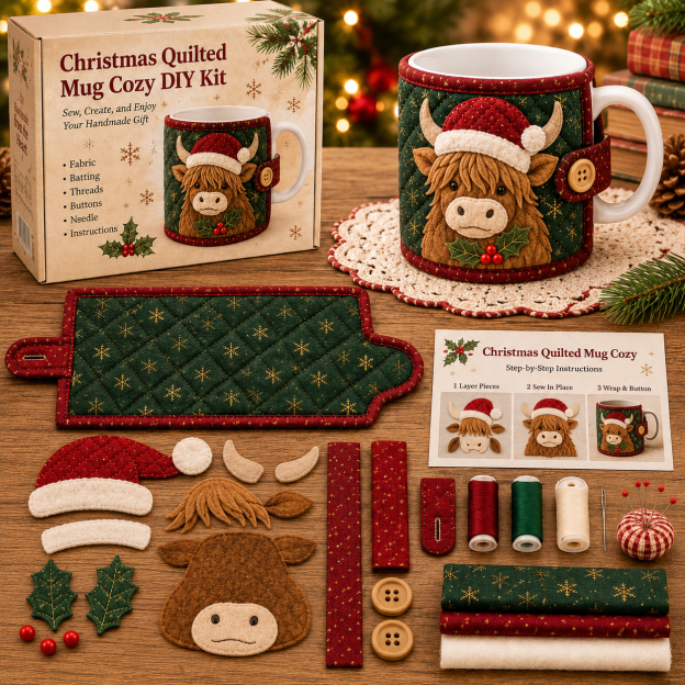 Christmas Mug Cozy Sewing Kit – 6 Festive Appliqué Designs