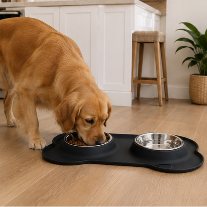 Non-Slip Double Pet Bowl Mat with Stainless Steel Bowls