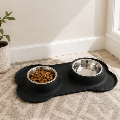 Non-Slip Double Pet Bowl Mat with Stainless Steel Bowls